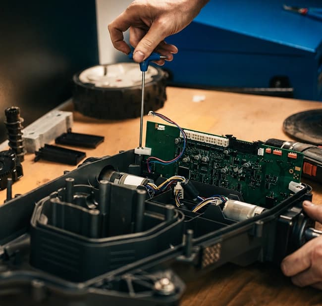 Maintenance of a robotic mower with blade replacement in the workshop