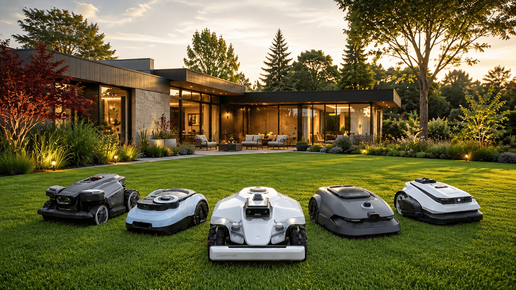 Five modern robotic mowers on a well-kept lawn in front of a modern house – robotic mower consultation from Rasen Rebell in Vienna, Klosterneuburg and Niederösterreich.
