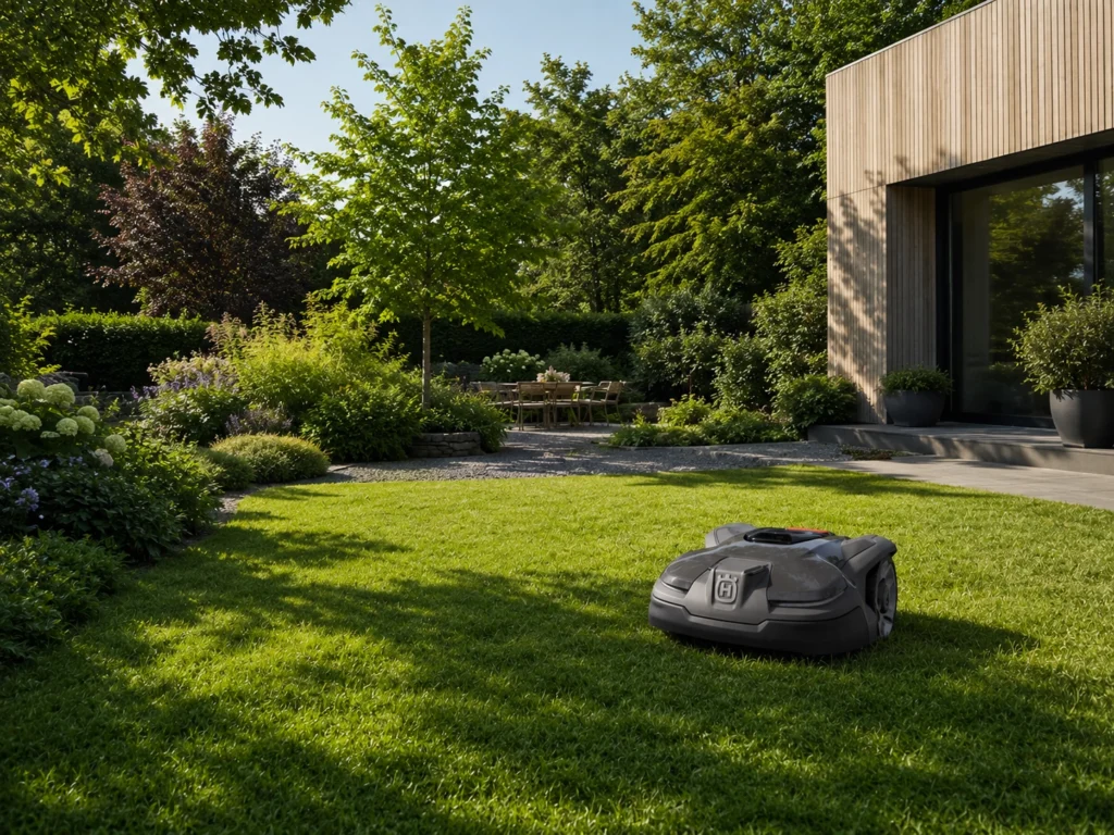 Husqvarna Automower 415X bei einer professionellen Garteninstallation auf einem hochwertigen Rasen in Klosterneuburg.