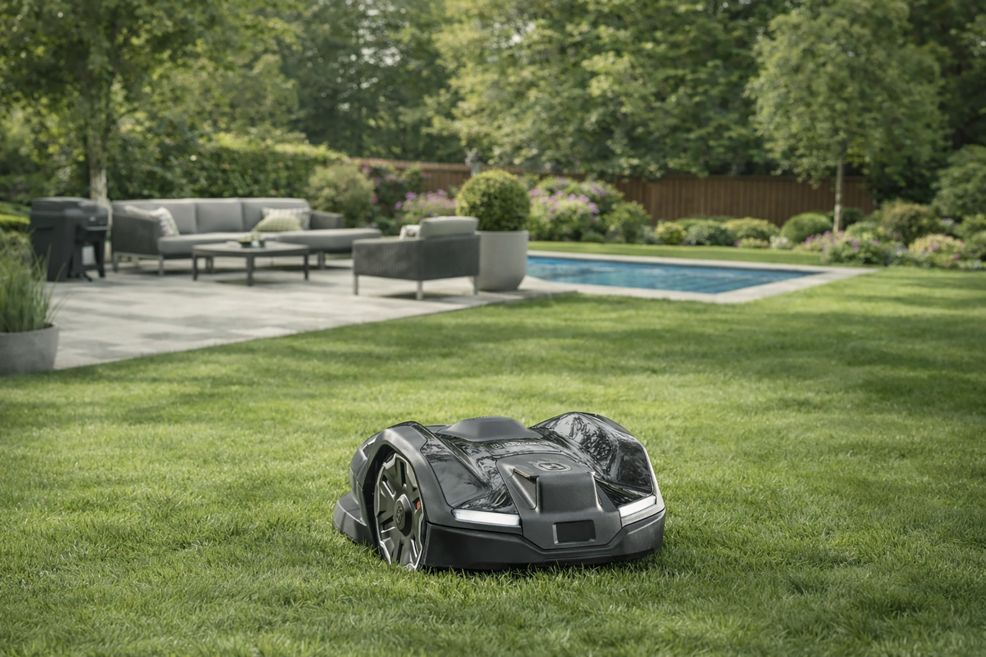 Husqvarna Automower 405E NERA Rasenroboter fährt im Garten in Wien